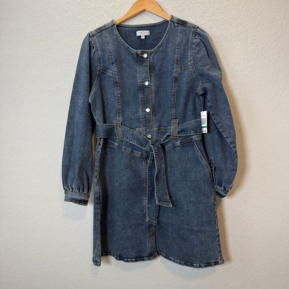 Habitual Fit and Flare Long Sleeve Denim Blue‎ Jean Tie Waist Dress Size L NEW - Picture 3 of 8